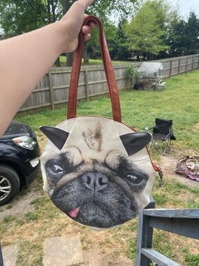 Pug Face Round Tote Bag in Cream and Brown